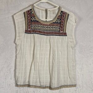 Garnet Hill White Blouse 100% Organic Cotton with Multicolor Embroidery